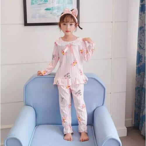 2021 New Autumn Girls Pajamas Suit Flower Print Lace Kids Pyjamas Sets Baby Clothes Cotton Pijamas Children Homewear