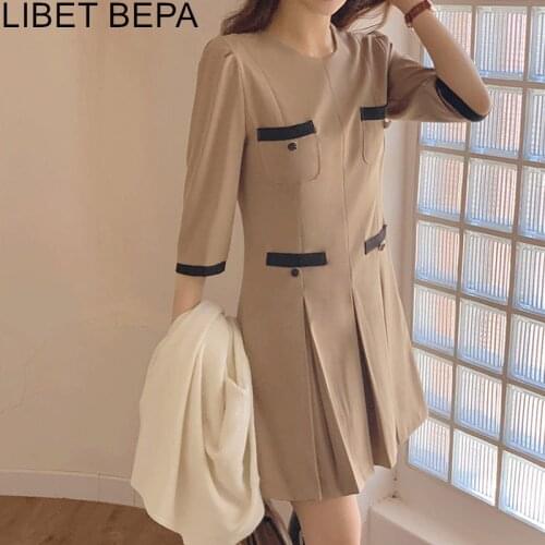 2021 New Women Summer Autunm Dresses High Waist Pure Vintage Pleated Fashionable Elegant Korean Style Lady Mini Dresses DR2262