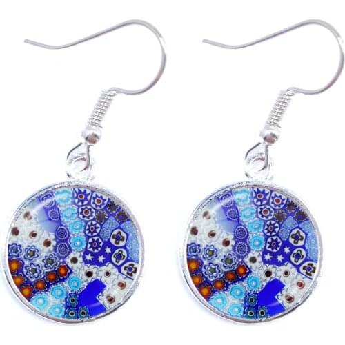 Murano Millefiori Drop Earrings MultiColour Flower 16mm Glass Cabochon Earring Jewelry For Women Girls Gift Wholesale