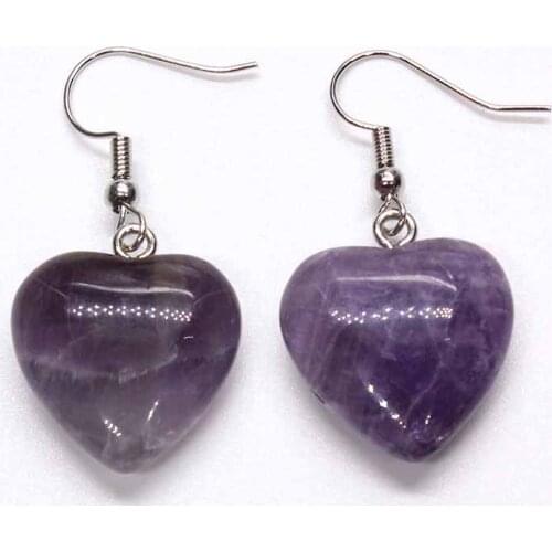 KFT Natural Healing Reiki Crystal Amethysts Rose Pink Quartz Lovey Heart Shape Dangle Hook Stone Earring For Women Party Jewelry