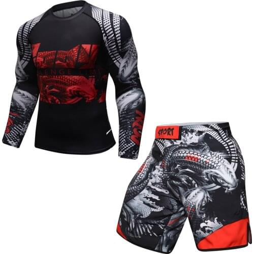 MMA BJJ Dragon Fish Rashguard T Shirts Pants Fitness Tracksuit Boxing Jersey Muay Thai Compression Men MMA Kickboxing Sport Suit