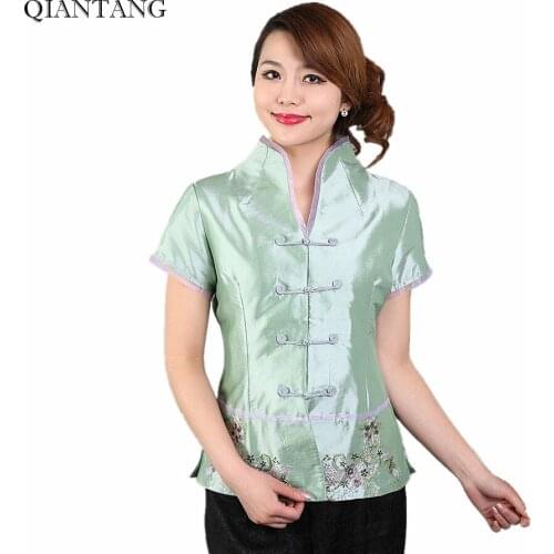 Light Green Traditional Chinese Style V-Neck Shirt Tops Classic Womens Satin Blouse Size S M L XL XXL XXXL Mujere Camisa Mnz06A