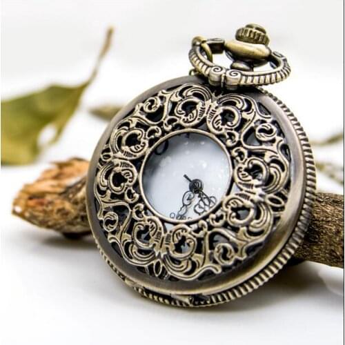 Vintage Bronze antiques Fashion quartz Hollow out carving flowers woman and men Necklace pocket watches gift PP889
