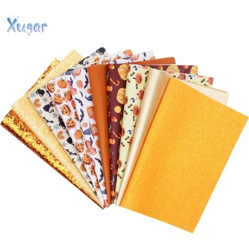 Xugar 10pcs/set 22*30cm Halloween Printed Glitter Faux Synthetic Leather Fabric Orange Series Set DIY Hair Bow Bags Materials