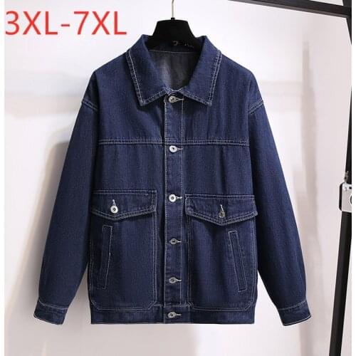 New 2021 Spring Autumn Winter Plus Size Jeanswear Jacket For Women Large Loose Blue Cotton Denim Pocket Coat 7XL