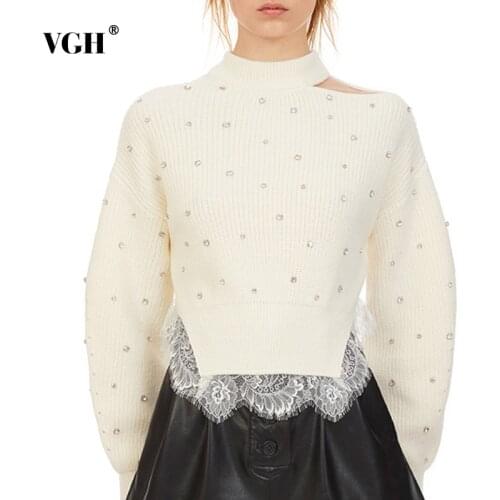 VGH Irregular Patchwork Diamonds Cut Out Knitted Pullovers Female Long Sleeve Fashion Temperament Sweaters For Women Winter