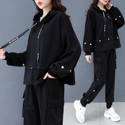 Womens Black Sports Suit Plus Size Tracksuit Women Hooded T Shirt+pants Two Piece Set Top and Pant Casual Matching Set X305