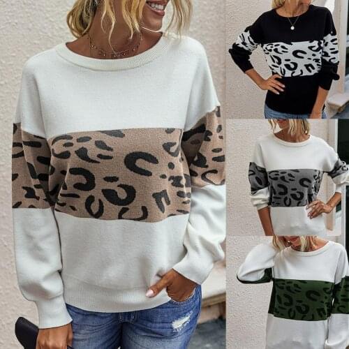 Fashion Leopard Patchwork Autumn Winter Casual Women Knitwear Pullover Long Sleeve O Neck Leopard Patchwork Sweater Pullovers