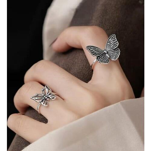 Korean Retro Silver Color Hollow Butterfly Ring for Women Punk Hip Hop Zircon Copper Opening Ring Jewelry Fashion Trend New 2021