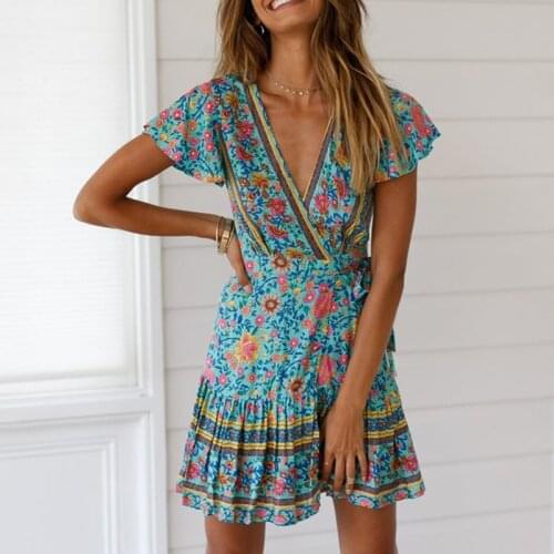 Boho Summer Vintage Print Short Mini Dress Women Short Sleeve V Neck A-line Sundress Ladies Holiday Party Dresses