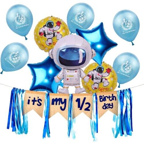 Amawill Blue 1/2 Birthday Decorations Space Astronaut Theme Ballon Half Birthday Banner 6 Months Party Supplies Decor for Boy