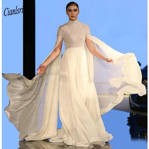 Elegant White A Line Abric Evening Dresses with Wrap High Neck Long Sleeve Sequined and Beads Muslim Celebrity Gowns