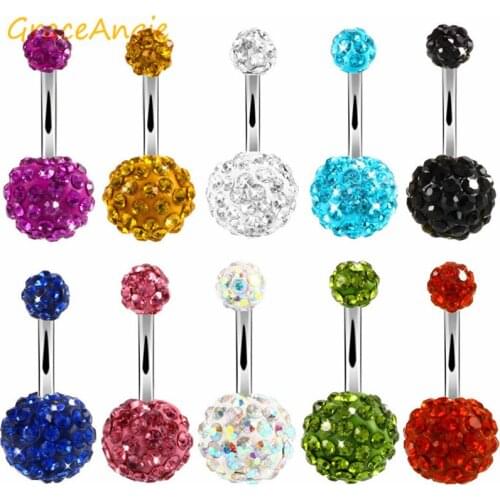 GraceAngie 1pc Fashion Belly Ring Stainless Steel Umbilical Ring Piercing Jewelry Dotted Shiny Crystal Rhinestone Women Jewelry