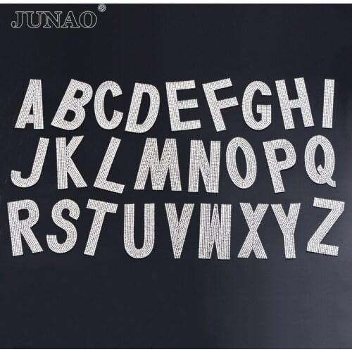 JUNAO 70mm Clear Iron On Letter Rhinestone Patches Name Patch Hotfix Crystal Applique Heat Transfer Stickers for Jacket Clothes