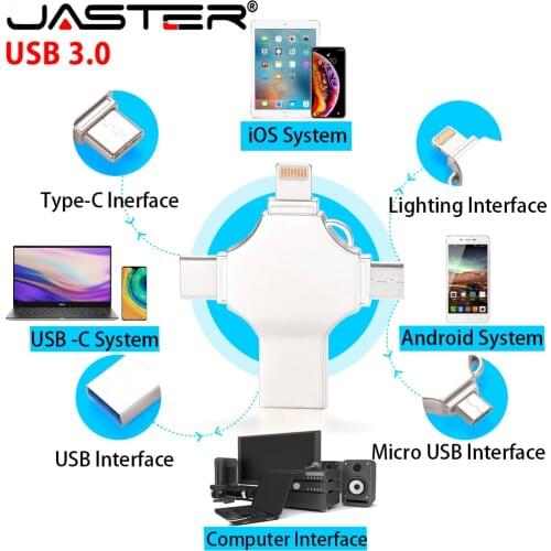 JASTER pen drive 3.0 usb flash drive for iphone OTG 4 in 1 16GB 32GB 64GB 128GB 256GB mini usb stick pen Drive pendrive gift