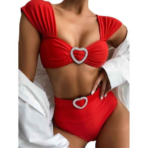 Sexy High Waist Womens Swimsuit Solid Color Rhinestone Two Pieces Bikini Suit Push Up Ladies Swimwear Summer Bathing Suit