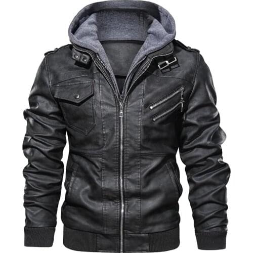 2021 New Mens Outwear Bomber Vintage Autumn Black PU Leather Casual Jacket Slim Fit Motorcycle Biker Coats Removable Hood