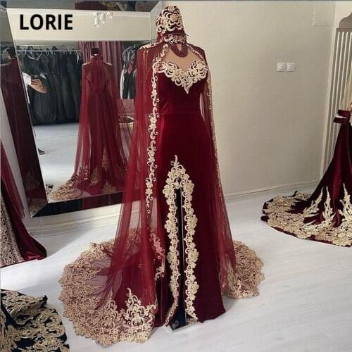 LORIE Moroccan Caftan Evening Dress Gold Appliques Lace Cap Sleeve Burgundy Mermaid Velvet Arabic Prom Gowns Party Dress