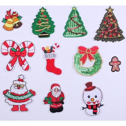 Christmas Badge Embroidered Patches for Clothing Santa Sewing Application Sew on Patch Diy Iron-on Sequins Applique on Clothes