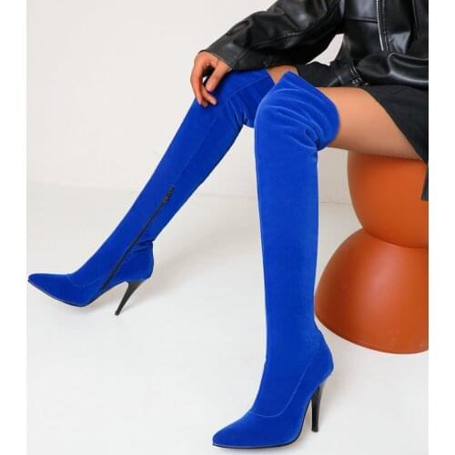 Ladies Slim Spring Autumn Thigh Boots Fashion Zipper Pointed Toe Womens Shoes Winter Faux Suede Warm Super High Heel Long Boots
