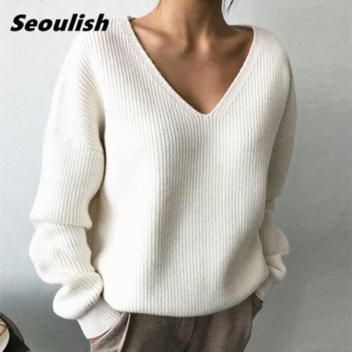 Seoulish Autumn Winter Loose Warm Womens Pullovers Sweater Solid Long Sleeve Chic V-Neck Minimalism Knitted Sweater Female