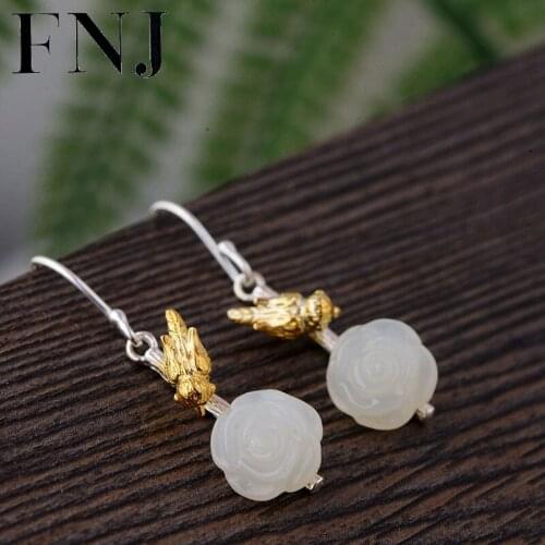 FNJ Flower Jade Earrings 925 Silver 100% Pure Original S925 Silver Sterling Drop Earring for Women Jewelry Gold Color Bird