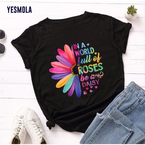 YESMOLA Daisies Print Women T-shirt Cotton Women Shirts O Neck Short Sleeve Tees Summer T Shirt Women Tshirt Plus Size S-5XL