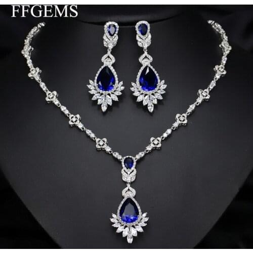 FFGems Amethyest Sapphire Emerald Topaz Gemstone silver gold color Big Necklace/Earrings Brida wenddingl Jewelry Sets Wholesale
