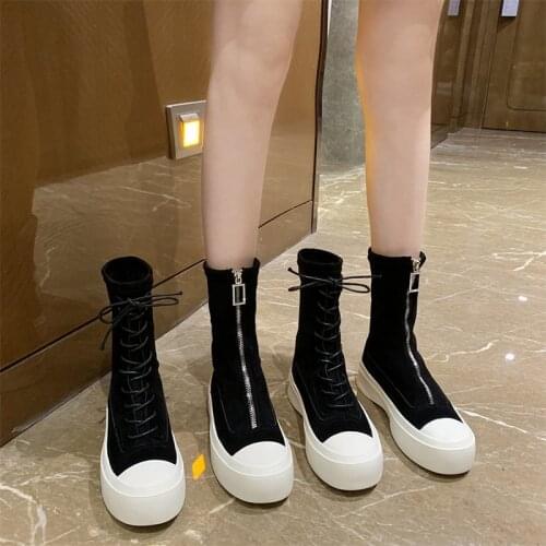 Shoes Boots Women New 2020 Zipper Round Toe Flat Heel Booties Ladies Rock Mid Calf Autumn Med Rubber Lolita Mid-Calf