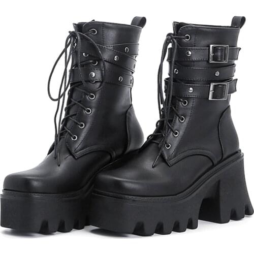 GIGIFOX Brand Big Size 43 High Platform Chunky Heel Cool Street Buckle Strap Ankle Combat Boots Fashion Gothic Black Shoes Women