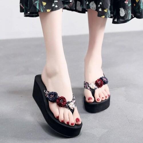 2021 Summer New Flower Ladies Flip-Flops Anti-Slip Thick-Soled Sandals Slippers Wear Holiday Beach Shoes 3cm 6cm High-Heeled