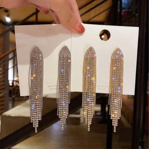 1Pair Long Tassel Full Rhinestone Drop Earrings for Women Ovsize Crystal Dangle Earrings Fashion Jewelry Accessories