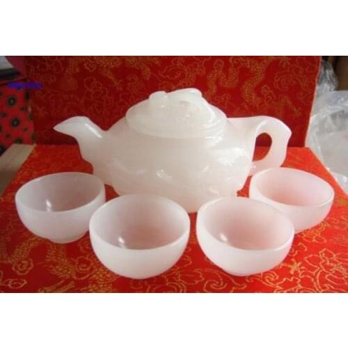 100% natural hand-carved Chinese jade Bamboo Teapot Set /1