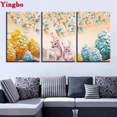 3 Pcs sets full square round 5d diy diamond painting Trees Elk Animal cross-stitch diamond embroidery Plum Blossom mosaic kit