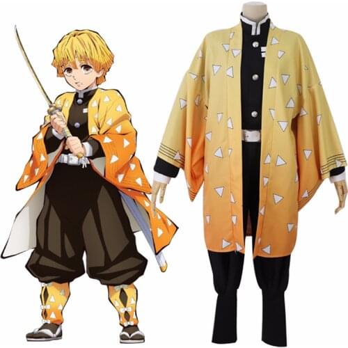 Anime Demon Slayer Kimetsu no Yaiba Agatsuma Zenitsu Cosplay Costume Women Mens Kimono Uniform Halloween Party Full Set Suit