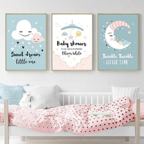 Kindergarten Childrens Room Warm And Cute Decorative Painting Cartoon Cloud Moon Starry Sky Love Sweet Dream Wall Art Picture