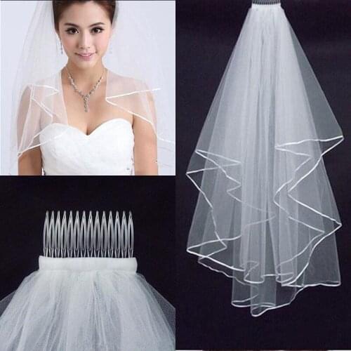 New Arrival Wedding Accessories Two Layer Ribbon Edge White Ivory Wedding Veils Bridal Veil With Comb