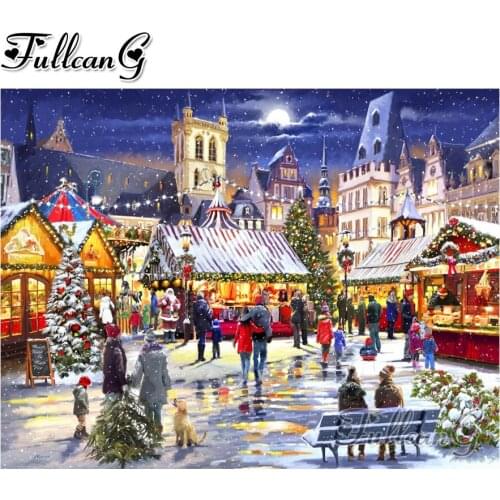 FULLCANG 5D diamond mosaic snow house diamond painting Xmas Market full drill diy diamond embroidery cross stitch kit FC1805