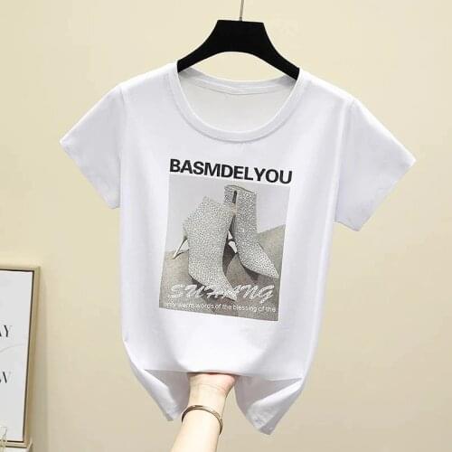 GGRIGHT Tees T shirt Women Clothes Diamond Love Cotton Korean Casual T-Shirt Summer Tops Black Short Sleeve Y2K Shirt White 2021