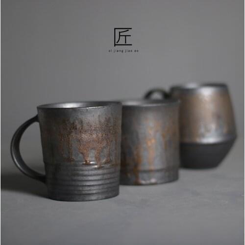 Japanese Style Ceramic Vintage Office Tea Water Cup Creative Chinese Retro Pottery Coffee Milk Mugs With Wooden Handle Drinkware