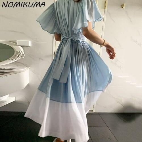 Nomikuma Korea Chic Chain O-neck Dresses Bow Bandage Slim Waist Woman Dress Flying Sleeve Contrast Color Elegant Vestidos 6L058