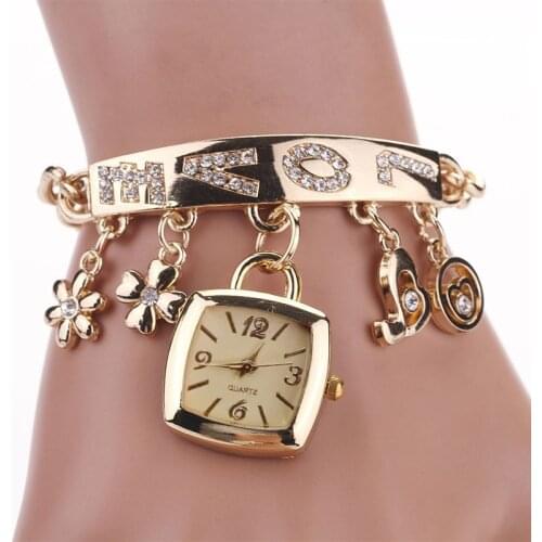 Wholesale Fashion Women Love Rhinestone Chain Bracelet Wrist Watch Square Watch GD