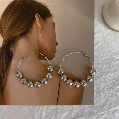 Origin Summer Exaggeration Silver Color Beads Hoop Earrings for Women Metallic Big Circle Hanging Earring Minimalist Jewelry