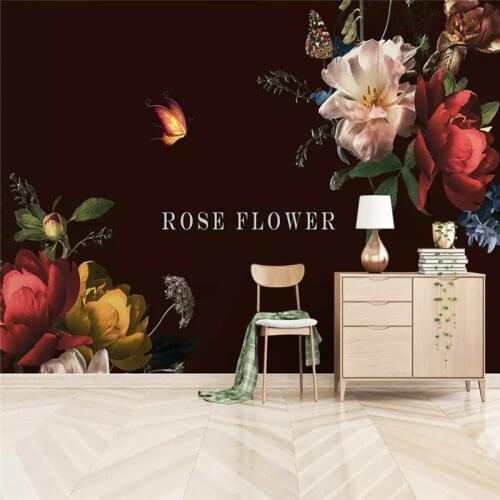 Custom Floral Wallpaper 3D Nordic Modern Minimalist Rose Flower Vine Butterfly Black Background Wall Mural for Living Room Walls