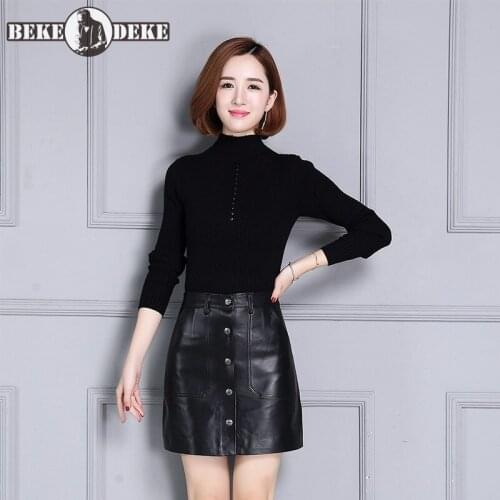Luxury 100% Real Leather Mini Skirts Womens 2020 New Spring High Waist Office Lady A-Line Skirt Plus Size Black Button Skirt
