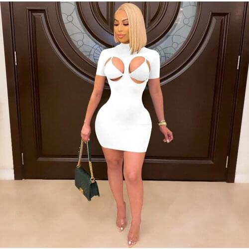 Sexy Bodycon 2 Piece Club Outfits for Women Summer Bandage Bra Top and Half High Collar Short Sleeve Dress Hollow Matching Sets