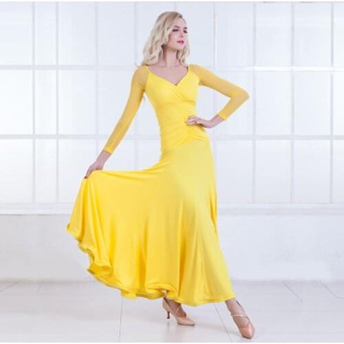 V-Neck Long Sleeve Mesh Spandex Modern Dance Costume Standard Ballroom Dancing Practice Dress 4 Colors A0070