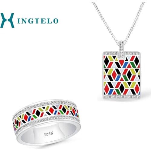 XINGTELO Silver 925 Ring Pendant and Chain Woman Jewelry Set Party Accessories Colorful Geometric Jewelry Inlaid Crystals