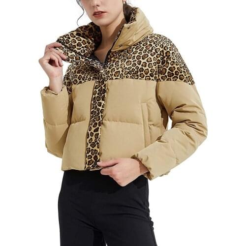 Autumn Winter Women Zipper Leopard Cropped Jacket Fashion Brown Warm Padded Coat Casual Long Sleeve Streetwear Jackets 2021