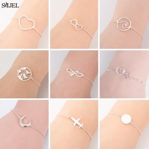 SMJEL Charm Heart Bracelets for Women Simple Airplane Paw Footprint Map Round Bracelets Jewelry Double Heart Bangles Femme Gift